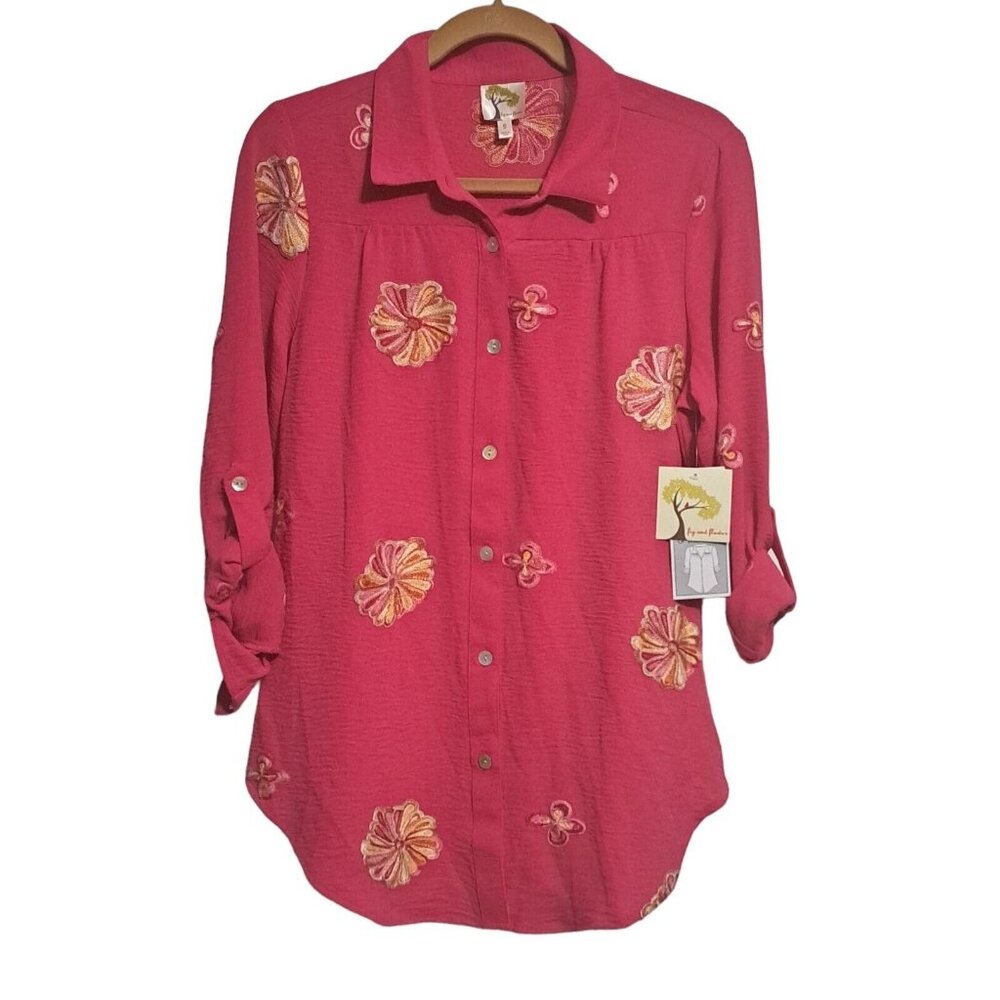 NWT Anthropologie Fig Flower Blouse Peasant Boho Long Embroider Pink Tunic Small